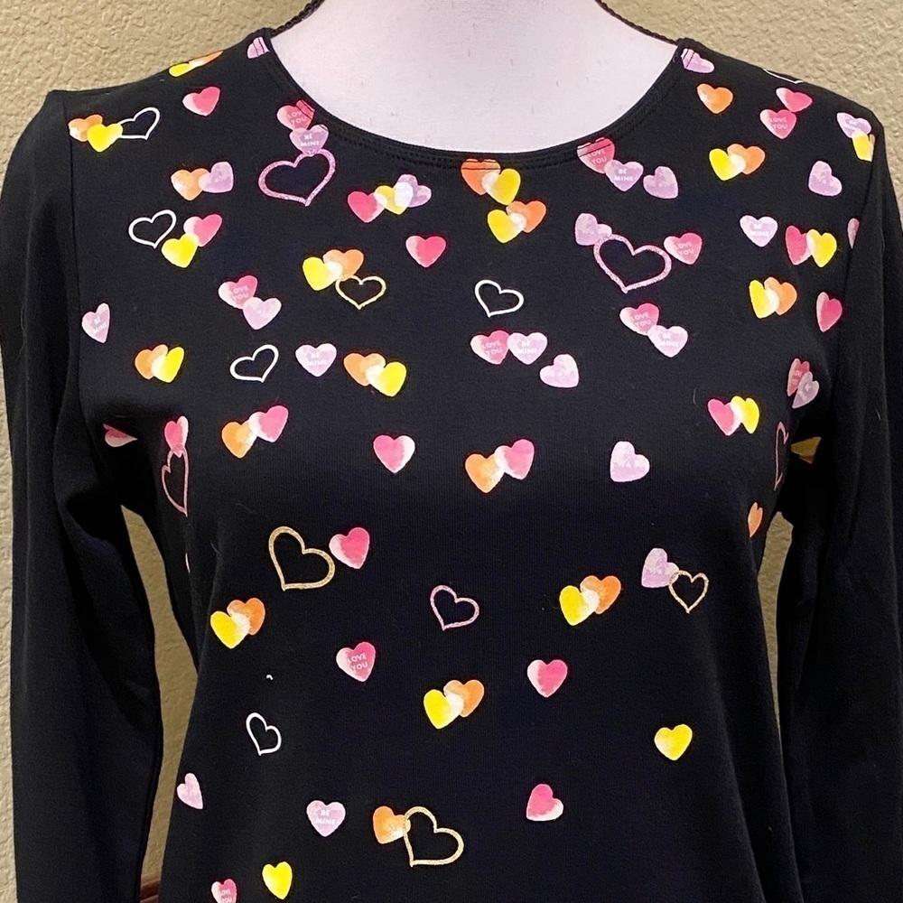Karen Scott Valentines Black Top With Hearts And Glitter Size Small Candy Hearts - Picture 3 of 8